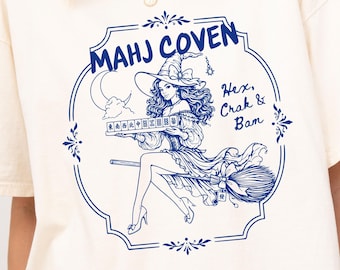 ハロウィン魔女麻雀シャツ、麻雀好きへのギフトアイデア、ヴィンテージTシャツ、麻雀ゲームナイトTシャツ、ブルーシノワズリ麻雀グループギフト
