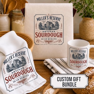 Custom vintage sourdough gift bundle, custom cotton bread bags for sourdough, tea towel personalized, coffee mug sourdough gifts for baker