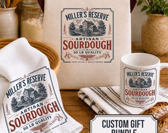 Custom vintage sourdough gift bundle, custom cotton bread bags for sourdough, tea towel personalized, coffee mug sourdough gifts for baker