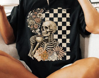Skeleton boho graphic tee comfort colors t shirt vintage distressed tshirt dark cottagecore mom shirt coffee lover tee coffee mom gift