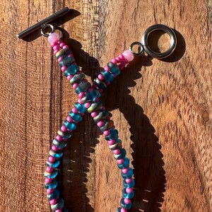 Pink + Blue Hand Woven Super Duo Beaded Bracelet | Stainless Steel Toggle Clasp