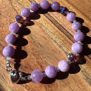Dyed Purple Jade Bracelet | Crystal Beads | Stainless Steel Heart Magnetic Clasp
