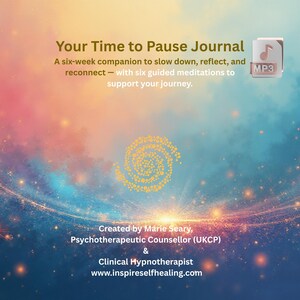 Op de afbeelding: Digitale afbeelding met de tekst "Your Time to Pause Journal" en de slogan "A six-week companion to slow down, reflect, and reconnect - with six guided meditations to support your journey." Een MP3-pictogram staat rechtsboven.