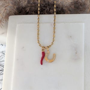 May include: Gold-coloured necklace featuring a red chilli pepper charm and a horseshoe charm. The horseshoe is adorned with small, clear crystals. The necklace is presented on a white marble surface.