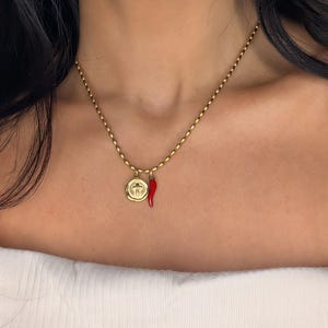 The Bash Necklace | Rice Bead Necklace with Red Chili Pepper Horn & Cross | Gold Stainless Steel || Protection and Faith Necklace