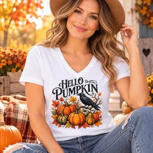 Hello Pumpkin V-Neck Tee, Autumn Crow Design, Fall Foliage Shirt, White T