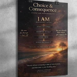 May include: A poster titled "Choice & Consequence" with a sunset beach scene. The poster includes text about states and responsibility, with the quote "You are always occupying a state of consciousness, and that state is your dwelling place."