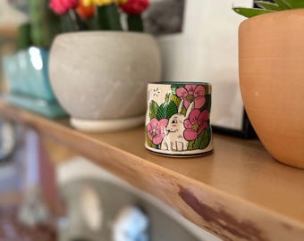 Ceramic Coffee Mug 6 oz | Tea Cup | Gifts for Coffee Lovers | Espresso Shot | Animal Art | Bunny Lucky Cup | Rabbit Pottery Home Decor