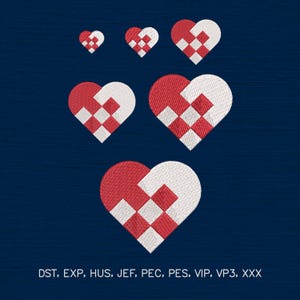 May include: A collection of red and white woven heart designs in various sizes against a dark blue background. The hearts feature a woven pattern with red and white squares. The image includes text at the bottom: DST, EXP, HUS, JEF, PEC, PES, VIP, VP3, XXX.