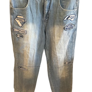 Jeans Vintage Y2K Moto Racing Patch PJ Mark Moto Planet Baggy Denim Streetwear Distressed Wide Leg 2000s Biker Pants Motocross Style 38 x 34