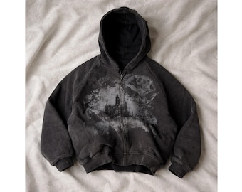 Y2K Gothic Punk Hoodie, Hooded Zipper Sweatshirts, Casual Loose Tops