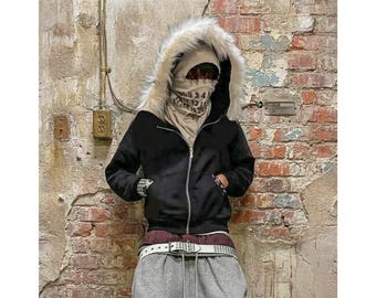 Y2K Fur Hood Zip Up Hoodie, Casual Long Sleeve Retro Sweatshirts, Cozy Outerwear