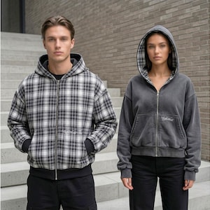 Reversible Plaid Hoodie, Zip-Up Double-Sided Sweatshirts, Oversized Urban Hoodie