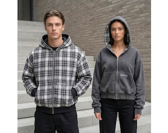 Reversible Plaid Hoodie, Zip-Up Double-Sided Sweatshirts, Oversized Urban Hoodie