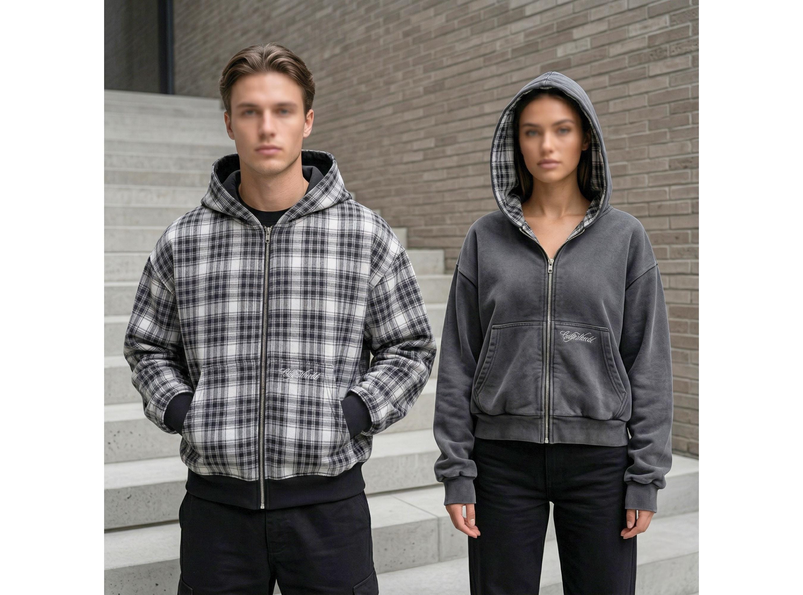 Reversible Plaid Hoodie, Zip-up Double-sided Sweatshirts