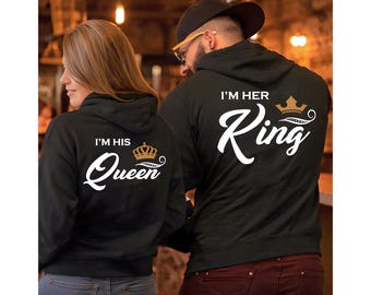 Her King His Queen Hoodie, Matching Couple Statement Pullover, Love Couples Sweatshirts