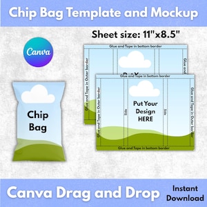 May include: A mockup of a chip bag template with the text "Chip Bag" and a cloud graphic. The sheet size is 11"x8.5". The design includes instructions for gluing and taping. The Canva logo is visible, along with the text "Canva Drag and Drop" and "Instant Download."