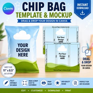 Puede incluir: Una plantilla y maqueta digital de bolsa de patatas fritas con un cielo azul claro, una nube blanca y colinas verdes. El diseño incluye el texto "YOUR DESIGN HERE" y "CHIP BAG TEMPLATE & MOCKUP" con un tamaño de hoja de 27,94 cm por 21,59 cm.