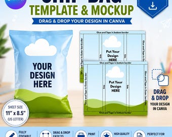 May include: A digital chip bag template and mockup featuring a light blue sky with a white cloud and green hills. The design includes text that reads "YOUR DESIGN HERE" and "CHIP BAG TEMPLATE & MOCKUP" with a sheet size of 27.94 cm by 21.59 cm.