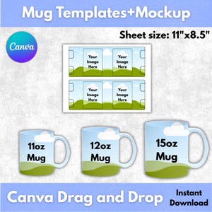 Op de afbeelding: Een digitale mockup met mok sjablonen met de tekst "Mug Templates+Mockup" en "Sheet size: 27.9cm x 21.6cm". De afbeelding bevat drie mok ontwerpen met de labels 11oz, 12oz en 15oz, en een vel sjablonen. Het Canva logo is zichtbaar.