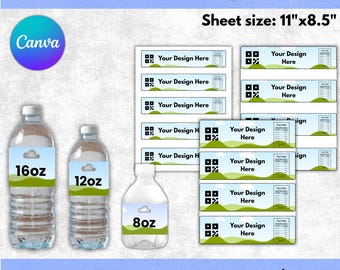 8oz 12oz 16oz Water Bottle Label Template Bundle, Water Bottle Sticker, DIY Label Template, Party Favors, Packaging, Canva Editable