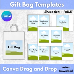 Peut inclure: Un modèle de sac cadeau blanc avec un ciel bleu et un paysage vert, intitulé "Gift Bag". L'image comprend plusieurs modèles avec le texte "Your Design Here". La taille de la feuille est de 27,9 cm x 21,6 cm. Le logo Canva est visible, avec le texte "Canva Drag and Drop" et "Instant Download."