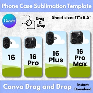 Może przedstawiać: Szablon sublimacyjny na etui na telefon z logo Canva, z wzorami dla iPhone'a 16, 16 Pro, 16 Plus i 16 Pro Max. Rozmiar arkusza to 27,94 cm x 21,59 cm. Zawiera funkcję przeciągnij i upuść oraz natychmiastowe pobieranie.