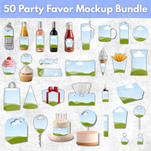 50+ Canva Party Favor Mockup Bundle, Editable Packaging Mockups for Chocolate Bar, Juice Pouch, Chip Bag & Water Bottle, DIY Party Template
