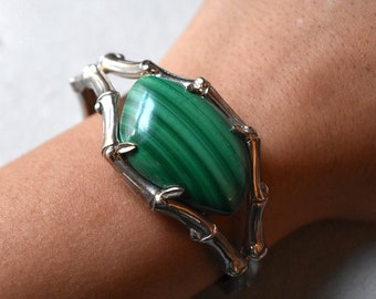 Vintage Silver Malachite Bamboo Cuff