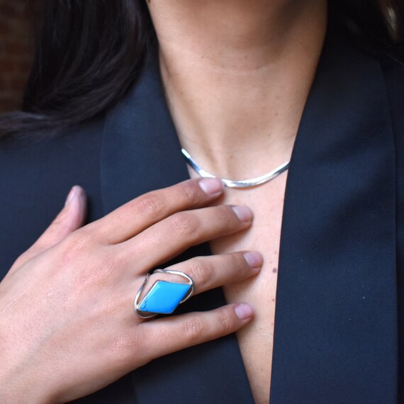 Vintage Turquoise Mexican Silver Taxco Ring (Diam… - image 5