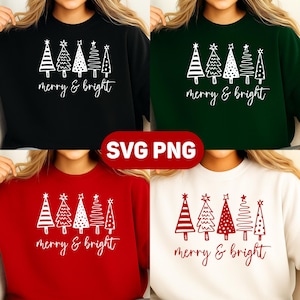 Könnte beinhalten: Vier Sweatshirts in Schwarz, Grün, Rot und Weiß, jedes mit einer weißen oder roten Grafik von stilisierten Weihnachtsbäumen und dem Text "merry & bright". Das Design wird auf jedem Sweatshirt wiederholt.