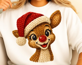 Diseño de gorro de Papá Noel de reno Rudolph tejido: PNG navideño (descarga digital) Sudadera con capucha de regalo navideño Sublimación PNG navideño