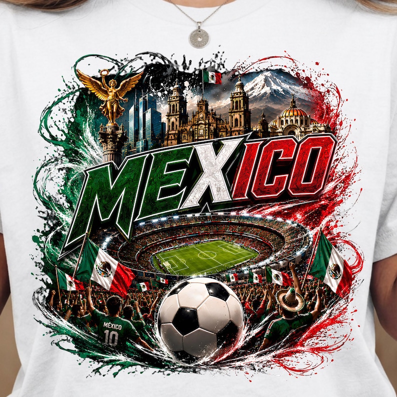 Puede incluir: Una camiseta blanca con un estampado gr&aacute;fico de M&eacute;xico y la palabra MEXICO en letras negritas. El dise&ntilde;o incluye el &Aacute;ngel de la Independencia, un estadio, un bal&oacute;n de f&uacute;tbol y banderas mexicanas, rodeado de salpicaduras de pintura verde y roja.