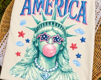 Preppy Brushstroke Statue of Liberty Blowing Bubble Png, USA Png, America 4th July Png Design, Girly Png