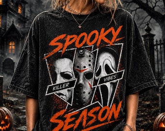 Paquete de PNG de terror preppy, personajes retro de Halloween, diseños de sublimación de rayas coloridas, PNG de camisetas de la temporada espeluznante, PNG de películas de terror