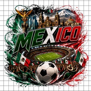 Puede incluir: Un dise&ntilde;o gr&aacute;fico que muestra la palabra MEXICO en letras negritas, un estadio de f&uacute;tbol, un bal&oacute;n, la bandera mexicana, el monumento del &Aacute;ngel de la Independencia y una monta&ntilde;a nevada, sobre un fondo de salpicaduras de pintura verde, blanca y roja.