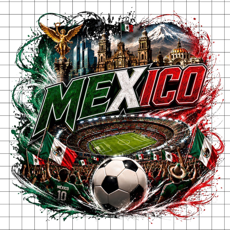 Puede incluir: Un dise&ntilde;o gr&aacute;fico que muestra la palabra MEXICO en letras negritas, un estadio de f&uacute;tbol, un bal&oacute;n, la bandera mexicana, el monumento del &Aacute;ngel de la Independencia y una monta&ntilde;a nevada, sobre un fondo de salpicaduras de pintura verde, blanca y roja.