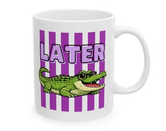 Later Gator Trendy Mug | Cute Alligator Illustration, Purple Stripe Background