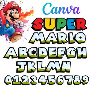 May include: A colorful graphic featuring the words "SUPER MARIO" in bold, outlined letters. The letters are filled with a landscape design. The image also includes the alphabet and numbers, all in a similar style, and a cartoon image of Mario.