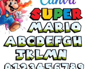 Super Mario Font Canva template , Mario bros typography, Super mario cool Font letters Drag and Drop frames Vector Digital Download