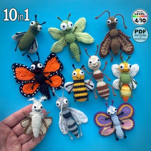 May include: A collection of ten crocheted insect figures including butterflies, bees, and various bugs in diverse colours like orange, green, brown, yellow, and purple. The image includes text stating 10 in 1, Difficulty Level 4/10, and PDF Pattern & Instructions.