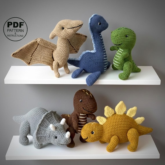 Dinosaurs Crochet Pattern PDF. SET (Pterodactyl, Raptor, T-Rex, Triceratops, Stegosaurus, Pleseosaurus). Amigurumi. Low Sew.
