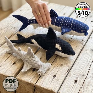 Conjunto de patrones de ganchillo de animales marinos (tiburón ballena, orca, tiburón martillo). PDF de amigurumi.