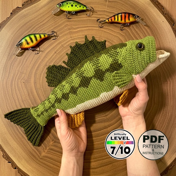 Fish Crochet Pattern PDF. Largemouth Bass. Realistic Amigurumi. Fishing Decor.