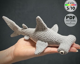 Patrón de crochet de tiburón martillo en PDF. Amigurumi. Tutorial de animales marinos. Criatura marina realista.