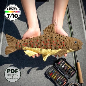 Vishaakpatroon pdf. Bruine forel. Realistische visamigurumi-tutorial. Vliegvissen.