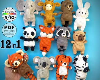 Patrón de animales de ganchillo en PDF (12 en 1), instrucciones para juguetes amigurumi