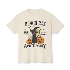 Black Cat Apothecary T-Shirt, Witchy Halloween Cat Tee, Spooky Season Mystical Brews Shirt, Fine Potions Goth Cat Lover Gift