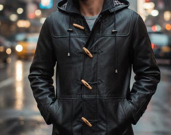 Trenca de cuero negra para hombre • Chaqueta con capucha y botones de madera