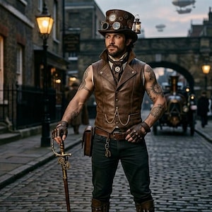 Può includere: Un uomo in abito steampunk posa su una strada acciottolata, con una spada in mano. Indossa un gilet di pelle marrone, un cappello con occhiali e stivali. Tatuaggi adornano le sue braccia. Lo sfondo presenta una città d'epoca con lampioni e dirigibili.